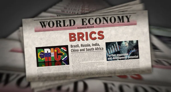 BRICS Brazil Russia India China South Africa economy association vintage news and newspaper printing. Abstract concept retro headlines 3d illustration.