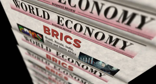 Bricsブラジルロシアインド中国南アフリカ経済協会ヴィンテージニュースと新聞印刷 アブストラクトコンセプトレトロな見出し3Dイラスト — ストック写真