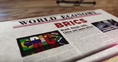 BRICS Brezilya Rusya Hindistan Çin Güney Afrika Ekonomi Derneği günlük gazetesi masada. Manşetler soyut kavram 3D.
