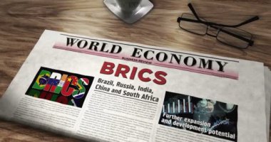 BRICS Brezilya Rusya Hindistan Çin Güney Afrika Ekonomi Derneği günlük gazetesi masada. Manşetler soyut kavram 3D.