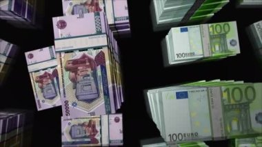 Euro ve Özbekistan Sum para değişimi. Kağıt banknotlar tomar tomar. Ticaret, ekonomi, rekabet, kriz, bankacılık ve finans kavramı. Döngüsüz 3D canlandırma notaları.