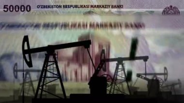 Özbekistan parası Özbek Sum petrol pompalı para sayma makinesi. Petrol kulesi ve UZS banknotları ile yakıt enerji işi sayılır. Ekonomik soyut kavram arka plan illüstrasyonu döngüsüz 3D.