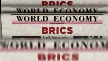 BRICS Brezilya Rusya Çin Güney Afrika Ekonomi Birliği Vintage haber ve gazete baskısı. Soyut konsept retro başlıklar 3d.