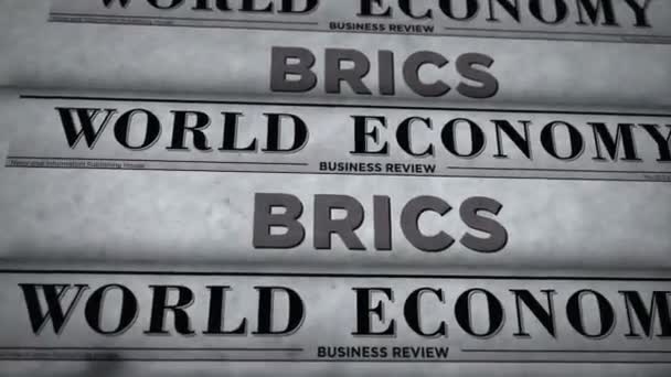 Bricsブラジルロシアインド中国南アフリカ経済協会ヴィンテージニュースと新聞印刷 アブストラクトコンセプトレトロな3D見出し — ストック動画
