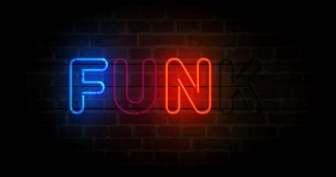 Funk müzik neon sembolü tuğla duvarda. Eğlenceli retro tarzı ampuller. Döngüsüz ve kusursuz soyut konsept animasyonu.