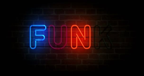 Funk Muziek Neon Symbool Bakstenen Muur Funky Entertainment Retro Stijl — Stockvideo