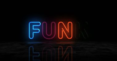 Funk müzik neon parıltısı sembolü. Renkli ampuller. Eğlenceli retro tarzı soyut konsept 3D animasyon.