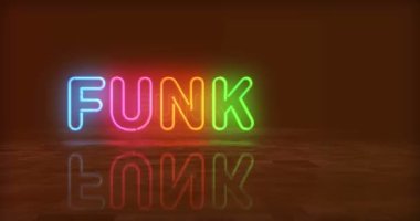 Funk müzik neon sembolü. Renkli ampuller. Eğlenceli retro stili, soyut, pürüzsüz ve döngüsel konsept. 3D tünel animasyonunda uçuyor..