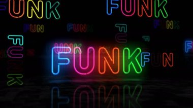 Funk müzik neon parıltısı sembolü. Renkli ampuller. Eğlenceli retro tarzı soyut konsept 3D animasyon.