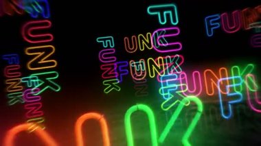 Funk müzik neon sembolü. Renkli ampuller. Eğlenceli retro stili, soyut, pürüzsüz ve döngüsel konsept. 3D tünel animasyonunda uçuyor..