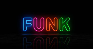 Funk müzik neon sembolü. Eğlenceli retro tarzı ampuller. Soyut konsept 3d illüstrasyon.