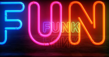 Funk müzik neon sembolü. Eğlenceli retro tarzı ampuller. Soyut konsept 3d illüstrasyon.
