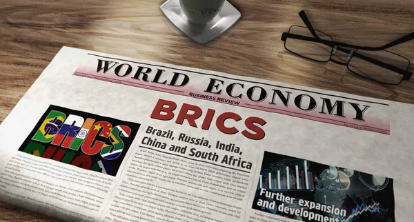 BRICS Brazil Russia India China South Africa economy association daily newspaper on table. Headlines news abstract concept 3d illustration.