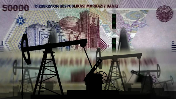 Özbekistan Parası Özbek Sum Petrol Pompalı Para Sayma Makinesi Petrol — Stok fotoğraf