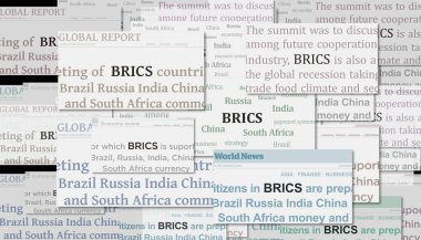 BRICS ekonomi grubu ve sendika örgütü uluslararası medyada manşet oldu. Gürültü gösterilerinde haber başlıklarının soyut konsepti. TV arızası etkisi 3d illüstrasyon.