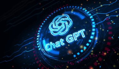 Poznan, Poland, June 10, 2023: ChatGPT open ai chat bot golden metal shine symbol concept. Spectacular glowing and reflection light icon abstract object 3d illustration. clipart