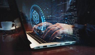 Poznan, Polonya, 10 Haziran 2023: ChatGPT açık ai sohbet robotu sembolü ve insan klavyesi. Eller dizüstü bilgisayarda. Ağ, siber teknoloji ve arka plan konsepti 3D illüstrasyon.