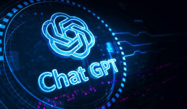 Poznan, Poland, June 10, 2023: ChatGPT open ai chat bot golden metal shine symbol concept. Spectacular glowing and reflection light icon abstract object 3d illustration. clipart