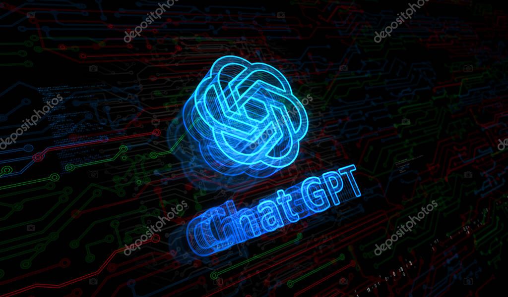 Poznan, Poland, June 10, 2023: ChatGPT open ai chat bot golden metal shine symbol concept. Spectacular glowing and reflection light icon abstract object 3d illustration.