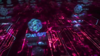 Poznan, Polonya, 10 Haziran 2023: ChatGPT açık ai sohbet robotu sembolü soyut siber konsept. Dijital teknoloji ve bilgisayar arkaplanı pürüzsüz ve döngülü 3D animasyon.