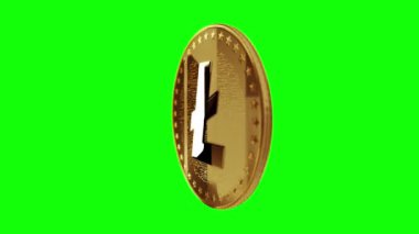 Litecoin LTC kripto para birimi yeşil ekran döngülü arka planda altın madeni parayı izole etti. Dönen altın metal döngüsü soyut kavram. 3B döngü kusursuz canlandırma.