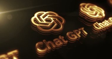 Poznan, Polonya, 10 Haziran 2023: ChatGPT açık ai sohbet robotu altın parlayan metal sembolü konsepti. Görkemli parlama ve yansıma ışığı ikonu soyut. Kusursuz ve döngülü 3D canlandırma.