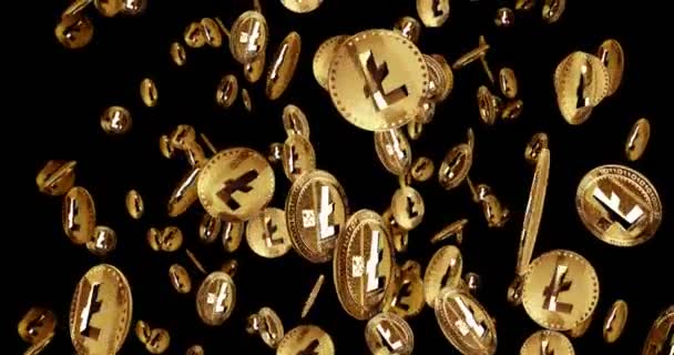 Litecoin Ltc Cryptogeld Geïsoleerde Gouden Munt Regen Achtergrond Roterende Gouden — Stockvideo