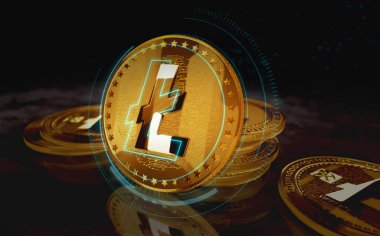 Litecoin LTC kripto altın sikke yeşil ekran arka planda. Soyut konsept 3d illüstrasyon.