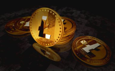 Litecoin LTC kripto altın sikke yeşil ekran arka planda. Soyut konsept 3d illüstrasyon.