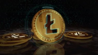 Litecoin LTC şifreleme altın para dönüyor. Kamera 3 boyutlu metal parlaklıklar etrafında döner. Fintech, çevrimiçi ödeme ve dijital işlem soyut kavramı.