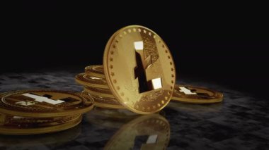 Litecoin LTC şifreleme altın para dönüyor. Kamera 3 boyutlu metal parlaklıklar etrafında döner. Fintech, çevrimiçi ödeme ve dijital işlem soyut kavramı.