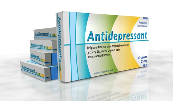 stock image Antidepressant tablets box production line. Psychotropic drug for stress anxiety and depression pills pack factory. Abstract concept 3d rendering illustration.