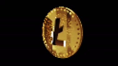 Litecoin LTC şifreleme altın sikkesi retro piksel mozaik 80 'ler tarzında. Dönen altın metal döngüsü soyut kavram. 3B döngü kusursuz döngü.