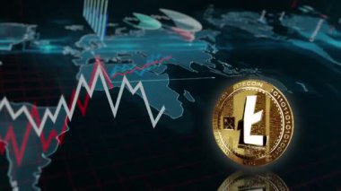 Litecoin LTC şifreleme altın sikkesi haritayı çeviriyor. Artan ve azalan çizgilerle fiyat grafiği. Çevrimiçi ödeme ve işlem 3D soyut kavram. Döngüsüz ve pürüzsüz.