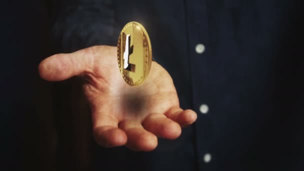 Litecoin Ltc Cryptogeld Roterende Munt Zweeft Hand Zakenman Met Symbool — Stockvideo