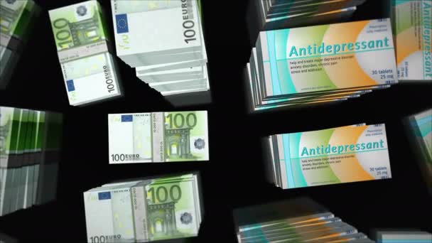Antidepressiva Tabletten Und Euro Geldbündel Stapeln Sich Psychotropes Medikament Gegen — Stockvideo