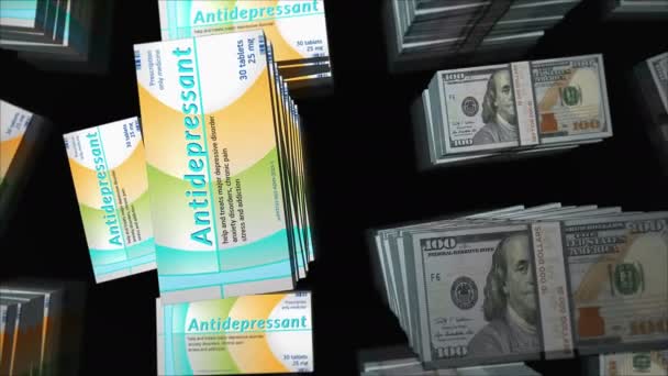 Slimming Kapsle Box Americkým Dolarem Balík Peněz Stohy Psychotropní Lék — Stock video