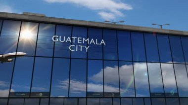Guatemala City, Guatemala 3D 'ye uçak iniyor. Cam havaalanı terminali ve jet uçağının yansımasıyla şehre vardık. Seyahat, iş, turizm ve ulaşım 3D konsepti.