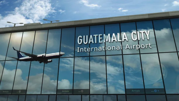 Aircraft landing at Guatemala City, Guatemala 3D rendering illustration. Arrival in the city with the glass airport terminal and reflection of jet plane. Travel, business, tourism and transport.