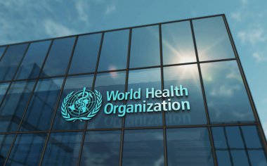 Geneva, Switzerland, June 15, 2023: WHO World Health Organization headquarters glass building concept. Agency of the United Nations office sign on front facade 3d illustration. clipart