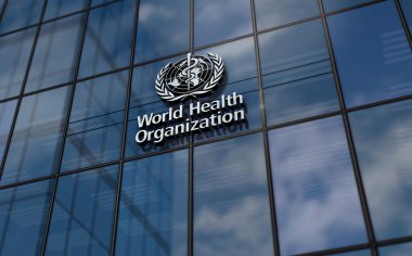 Cenevre, İsviçre, 15 Haziran 2023: WHO Dünya Sağlık Örgütü genel merkezi cam yapı kavramı. Birleşmiş Milletler bürosu ön cephede 3D illüstrasyon imzaladı..
