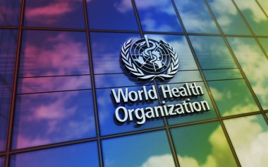 Cenevre, İsviçre, 15 Haziran 2023: WHO Dünya Sağlık Örgütü genel merkezi cam yapı kavramı. Birleşmiş Milletler bürosu ön cephede 3D illüstrasyon imzaladı..
