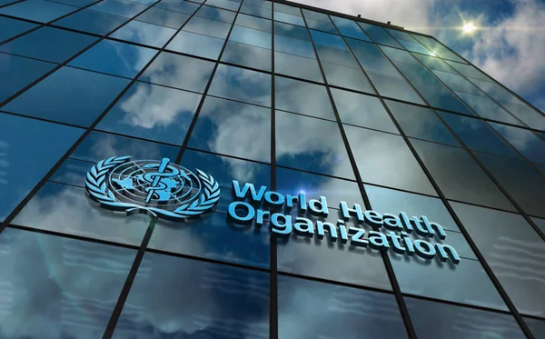 stock image Geneva, Switzerland, June 15, 2023: WHO World Health Organization headquarters glass building concept. Agency of the United Nations office sign on front facade 3d illustration.