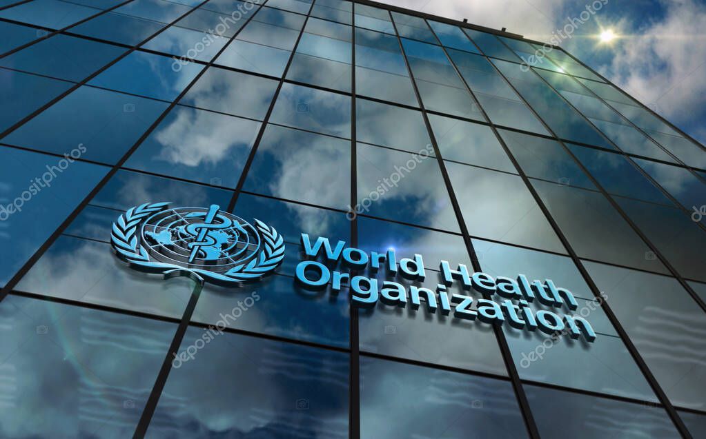Geneva, Switzerland, June 15, 2023: WHO World Health Organization headquarters glass building concept. Agency of the United Nations office sign on front facade 3d illustration.
