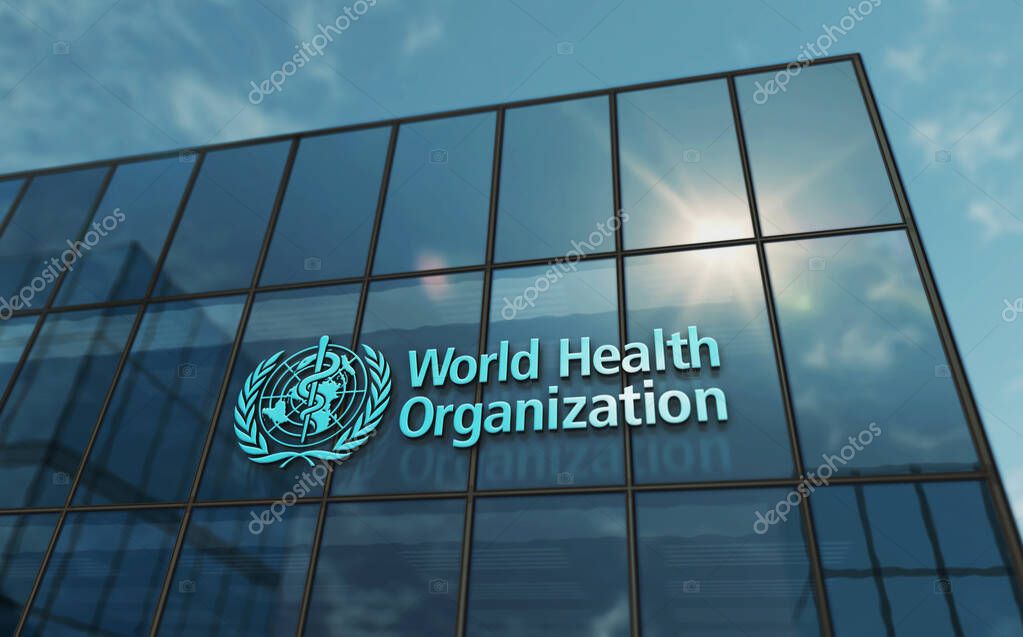 Geneva, Switzerland, June 15, 2023: WHO World Health Organization headquarters glass building concept. Agency of the United Nations office sign on front facade 3d illustration.