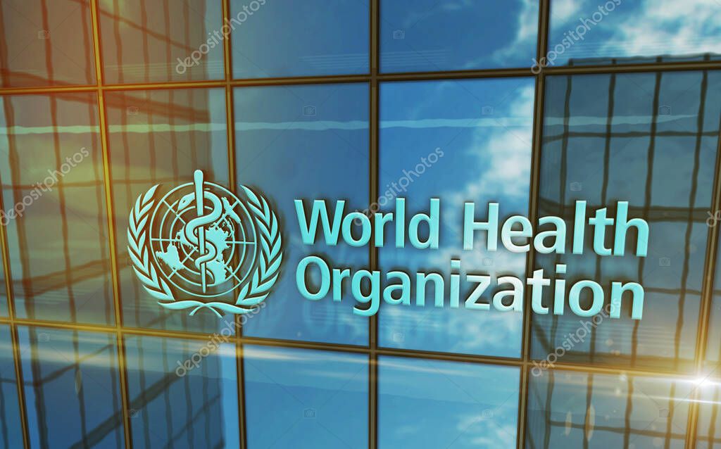 Geneva, Switzerland, June 15, 2023: WHO World Health Organization headquarters glass building concept. Agency of the United Nations office sign on front facade 3d illustration.