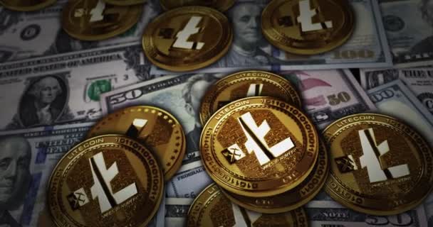 Litecoin Ltc Cryptocurrency Koin Emas Diatas Uang Kertas Dollar Mata — Stok Video