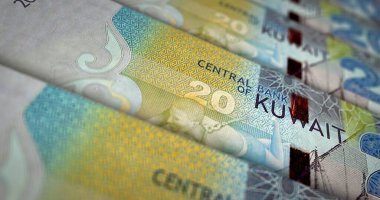 Kuveyt parası Kuveyt dinarı para paketi 3D resim. 20 KWD banknot destesi. Maliye, nakit, ekonomi krizi, iş başarısı, durgunluk, banka, vergi ve borç kavramı.