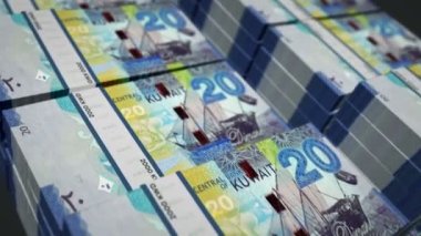 Kuveyt parası Kuveyt Dinarı para paketi 3D animasyon döngüsü. Döngüsüz finans, nakit, ekonomi, iş ve banka kavramı. Kamera 20 KWD banknot destesi üzerinde hareket ediyor.