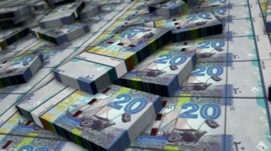 Kuveyt parası, Kuveyt Dinarı banknot döngüsü. KWD para yığınları. İş, ekonomi, bankacılık ve finans kavramı. Para paketlerinin üzerinde kamera var. Döngüsüz 3D canlandırma.